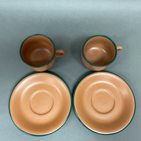 Vintage Brown Green Trim Cups and Saucers Mexico? Lot of 4 - Picture 3 of 4